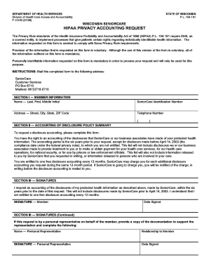 Wisconsin SeniorCare HIPAA Privacy Accounting Request, F 13163 HIPAA for SeniorCare Dhs Wisconsin  Form