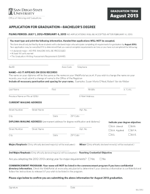 August San Diego State University Enrollment Services Arweb Sdsu  Form