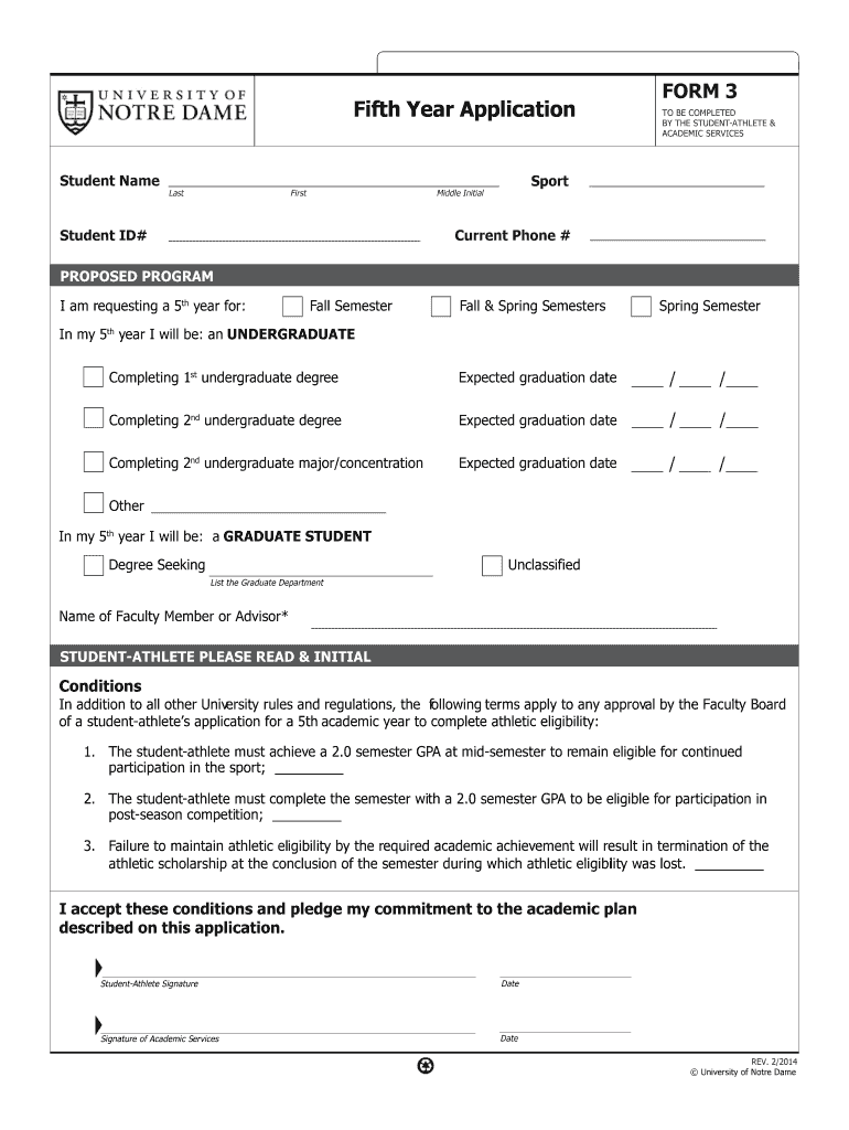 Fifth Year Application University of Notre Dame  Form