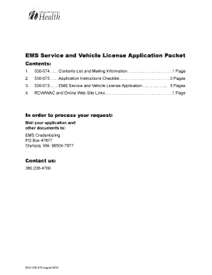 EMS Service and Vehicle License Application Packet Washington Doh Wa  Form