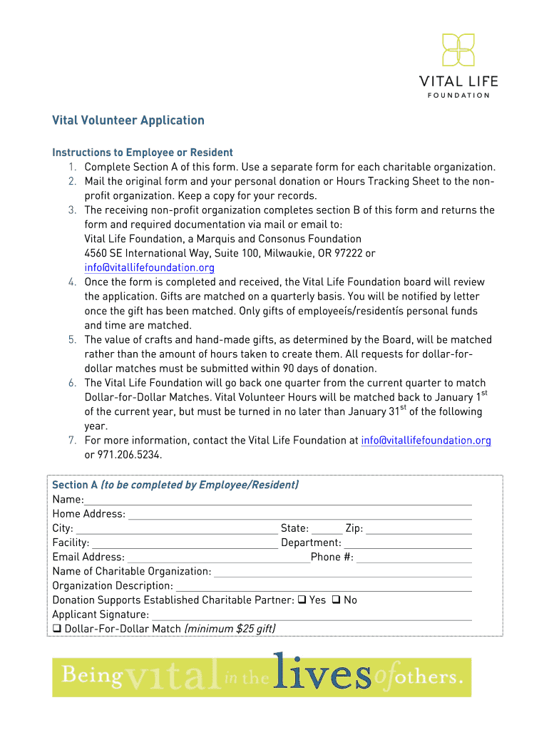 Vital Volunteer Application New 2 Vital Life Foundation  Form