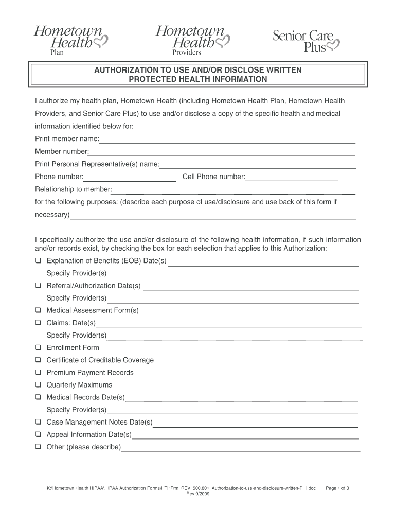 HTHFrm REV 500 801 Authorization to Use and Disclosure Wri  Form