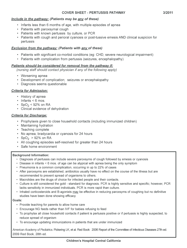 Pertussis Pathway Children&#039;s Hospital Central California Childrenscentralcal  Form