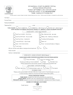 MARSHALL COUNTY BLUEBERRY FESTIVAL OFFICIAL PARADE APPLICATION MONDAY, SEPTEMBER 3, STEP off 930 AM DEADLINE AUGUST 10, NO EXCEP  Form