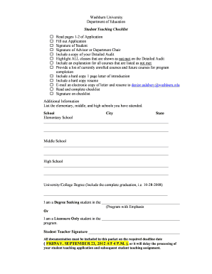 Student Teaching Application Washburn University Washburn  Form