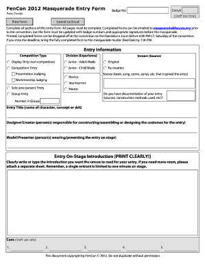 FenCon Masquerade Entry Form Entry Information Entry on