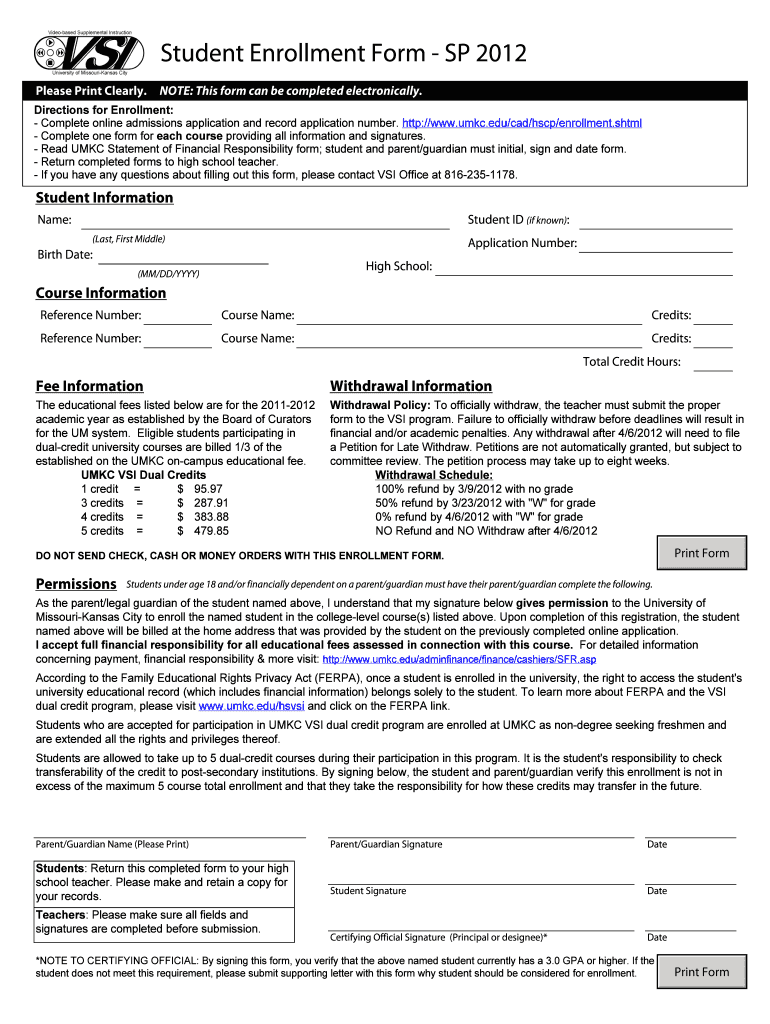 Student Enrollment Form SP University of Missouri Kansas Umkc