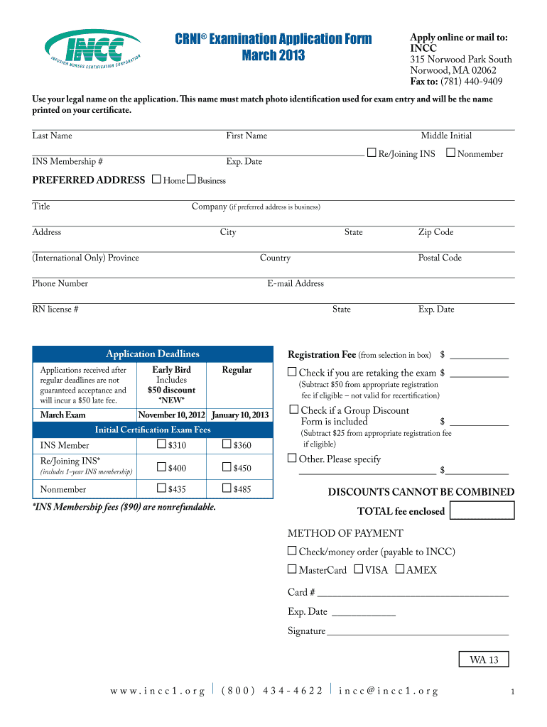 CRNI Examination Application Form March INCC Infusion Incc1