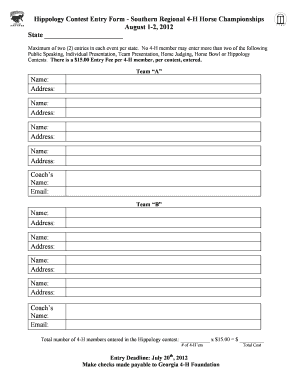 Hippology Contest Entry Form Southern Regional 4 Georgia 4 H