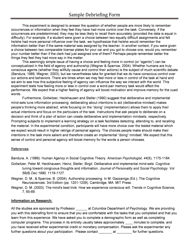 Sample Debriefing Form Columbia