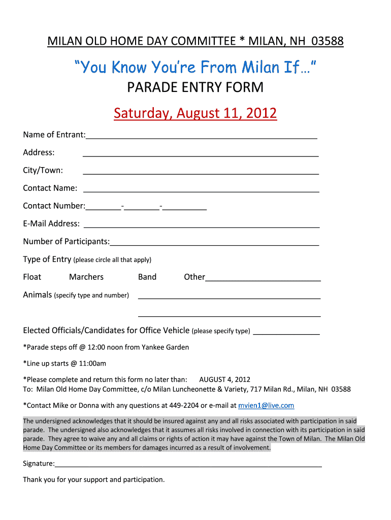 PARADE ENTRY FORM Saturday, August 11, Town of Milan