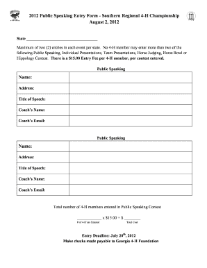 Public Speaking Entry Form Southern Georgia 4 H