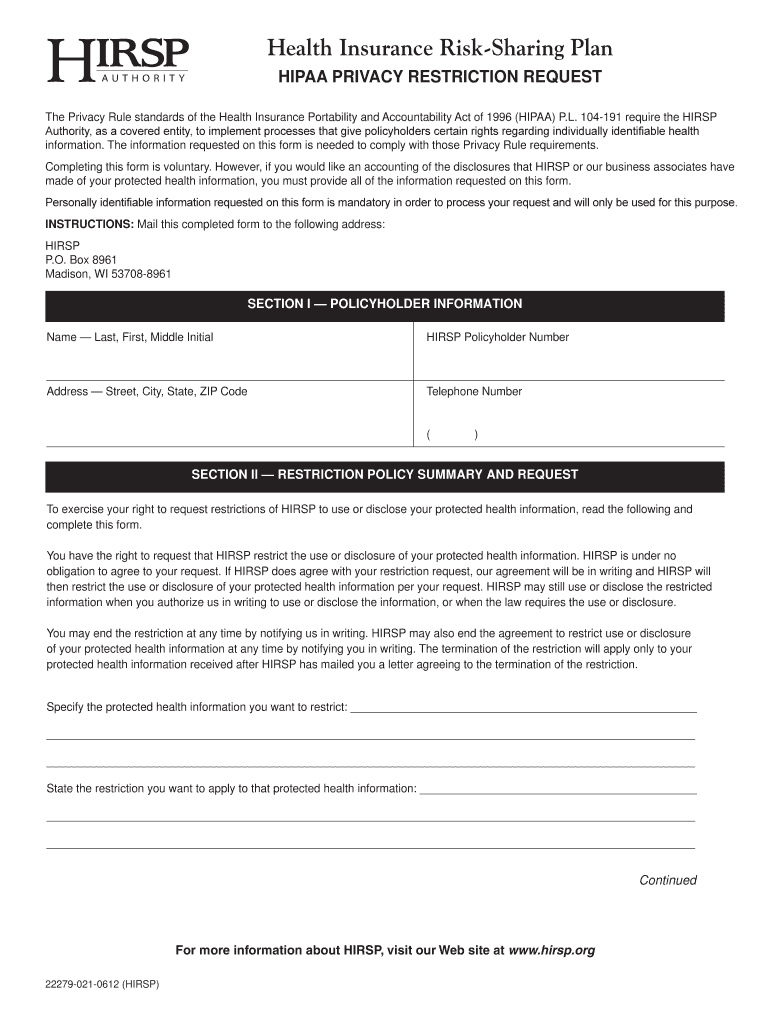 HIPAA PRIVaCy RESTRICTION REquEST Hirsp  Form