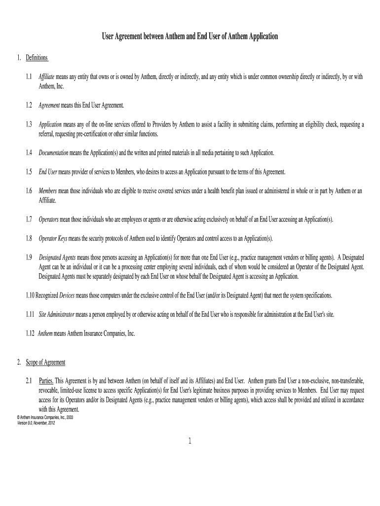 User Agreement between Anthem and End User of Anthem Application  Form