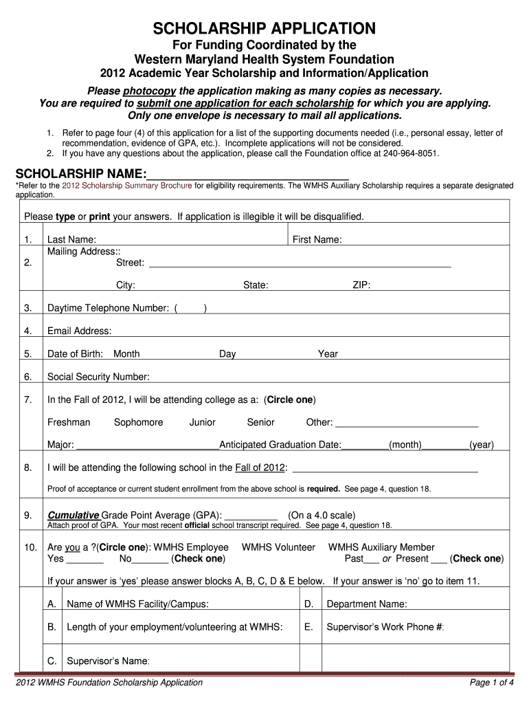 Scholarship Application Western Maryland Health System  Form