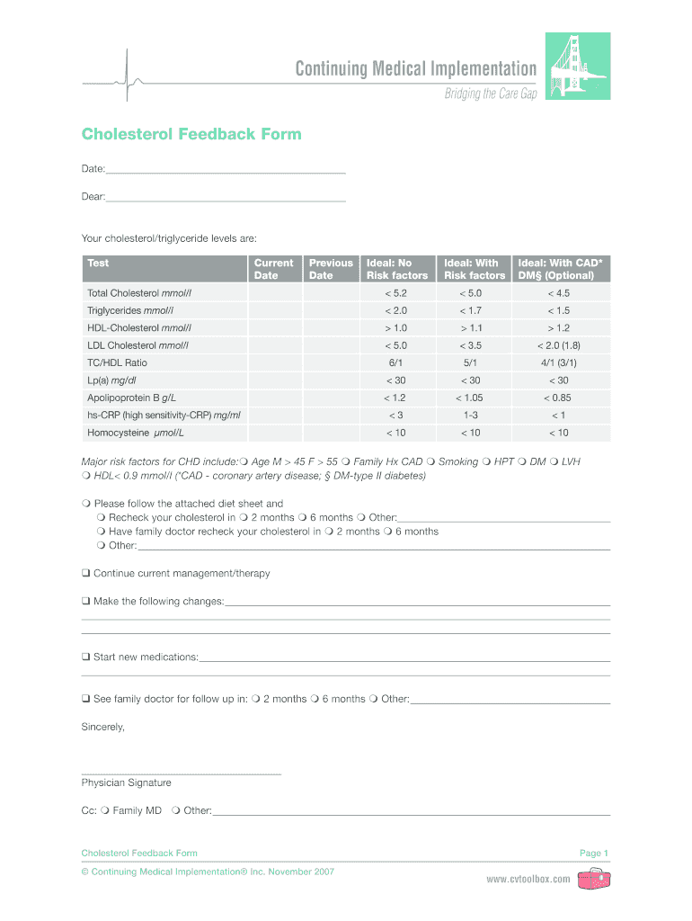 Cholesterol Feedback Form Continuing Medical Implementation Inc