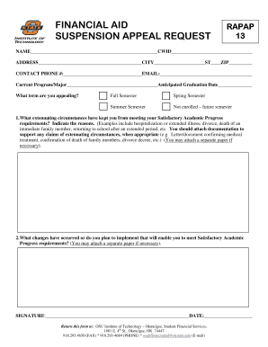 FINANCIAL AID SUSPENSION APPEAL REQUEST RAPAP 13 You Have the Right to Appeal Your Financial Aid Suspension If You Feel There We  Form