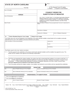Consent Order for Substitution of Mediator North Carolina Court  Form