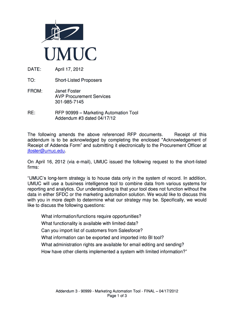 DATE April 17, to Short Listed Proposers from Janet Umuc  Form