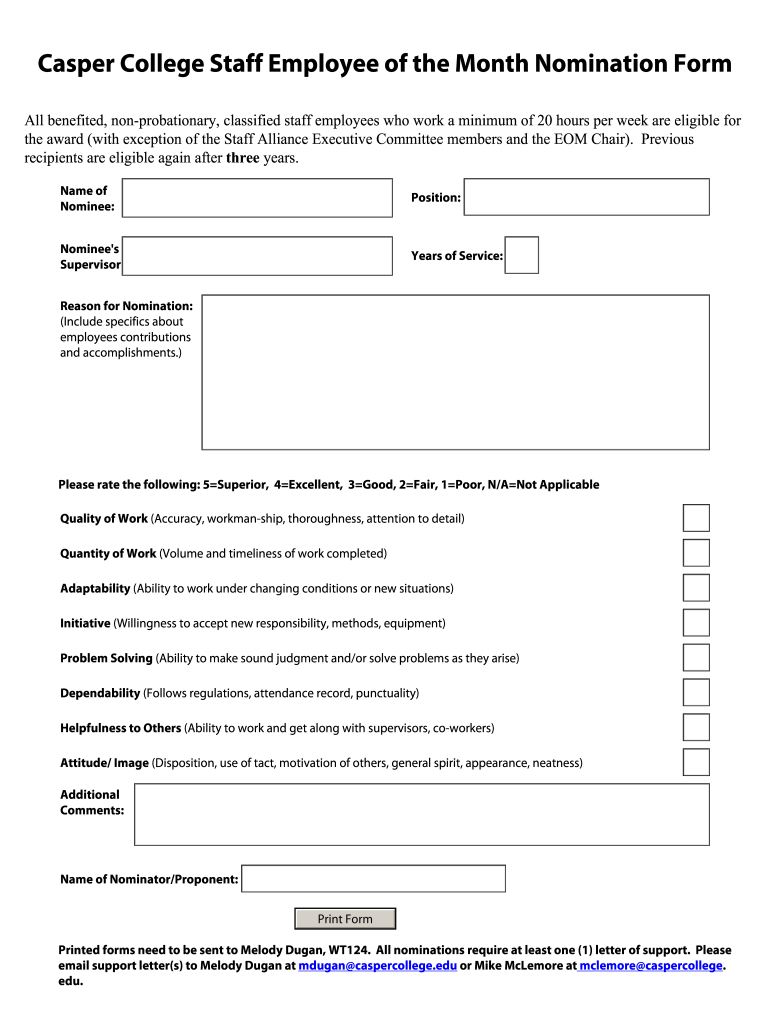 Printable Employee of the Month Nomination Form