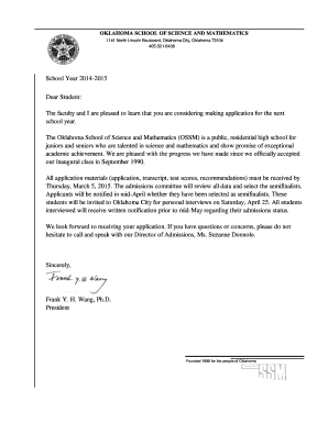 OKLAHOMA SCHOOL of SCIENCE and MATHEMATICS 1141 North Lincoln Boulevard, Oklahoma City, Oklahoma 73104 405 521 6436 School Year   Form