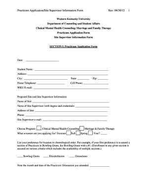 Practicum Application Form Western Kentucky University Wku