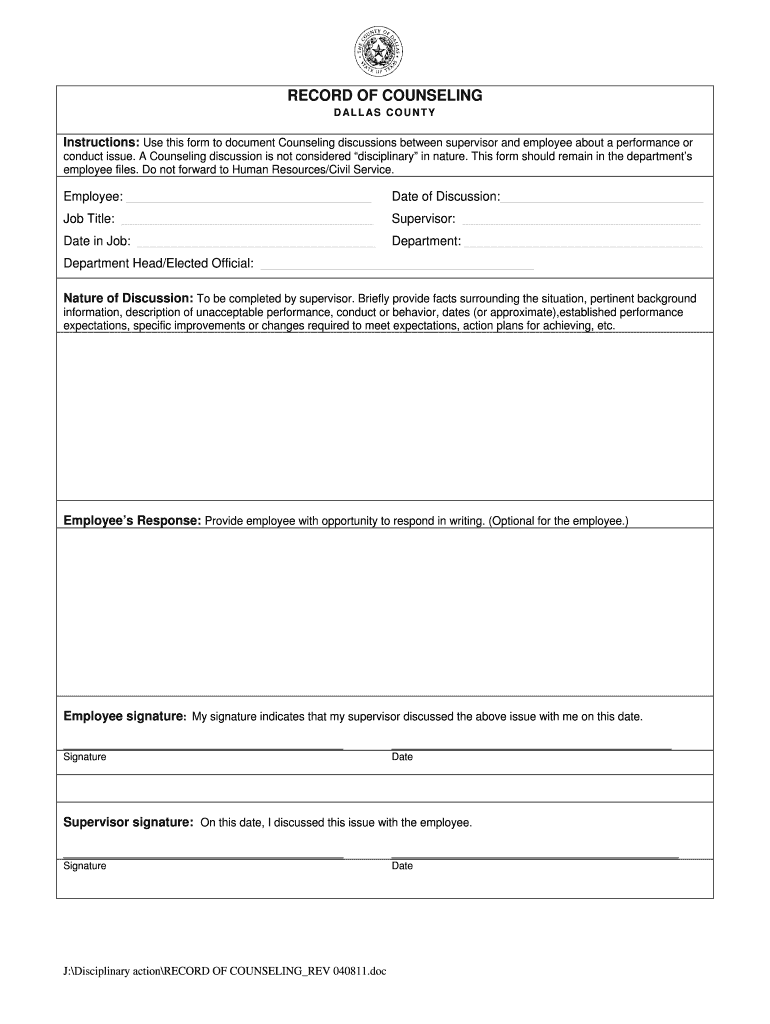 Record of Counseling Form Dallas County Dallascounty