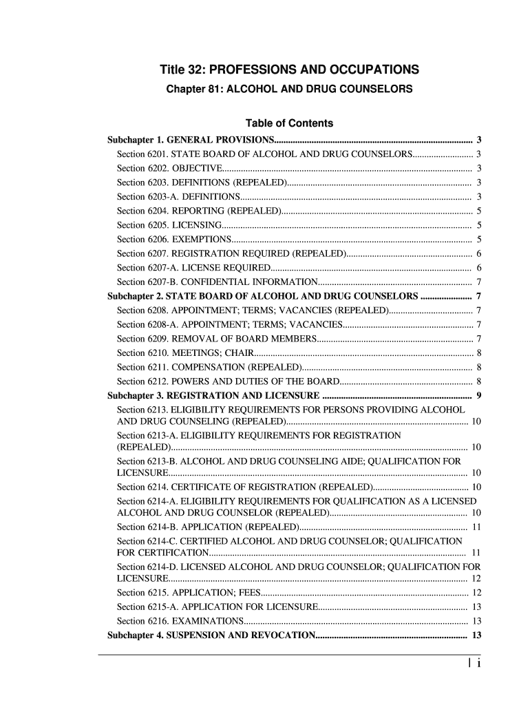 Table of Contents for Chapter 81 ALCOHOL and DRUG  Form