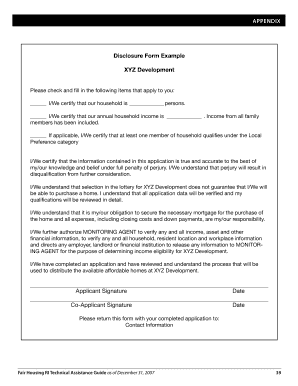 Disclosure Form Example XYZ Development Applicant Signature