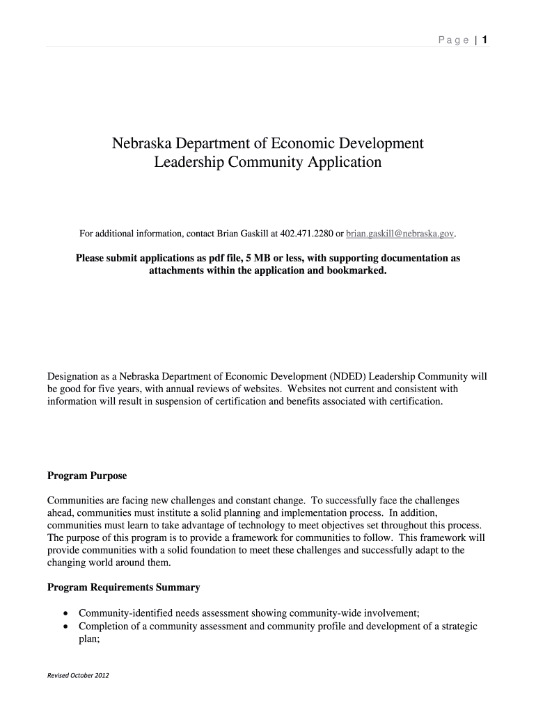 NDED Leadership Communities Application Nebraska Department Neded  Form