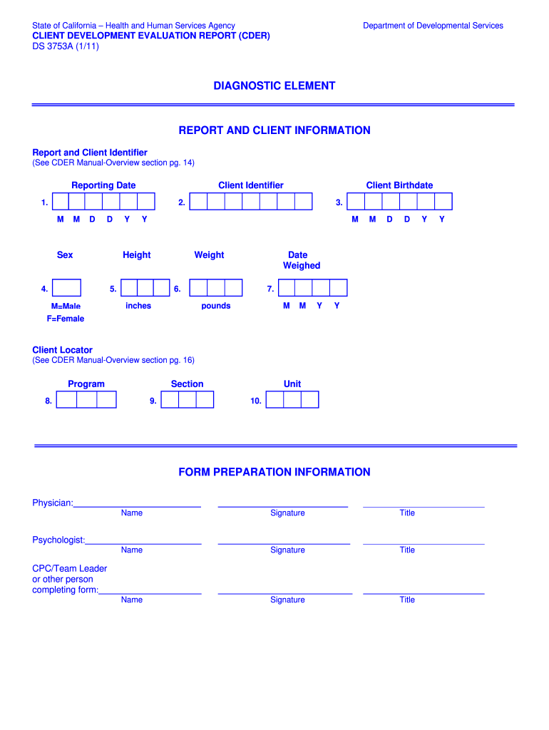 DS 3753A CDER Diagnostic Form California Department of Dds Ca