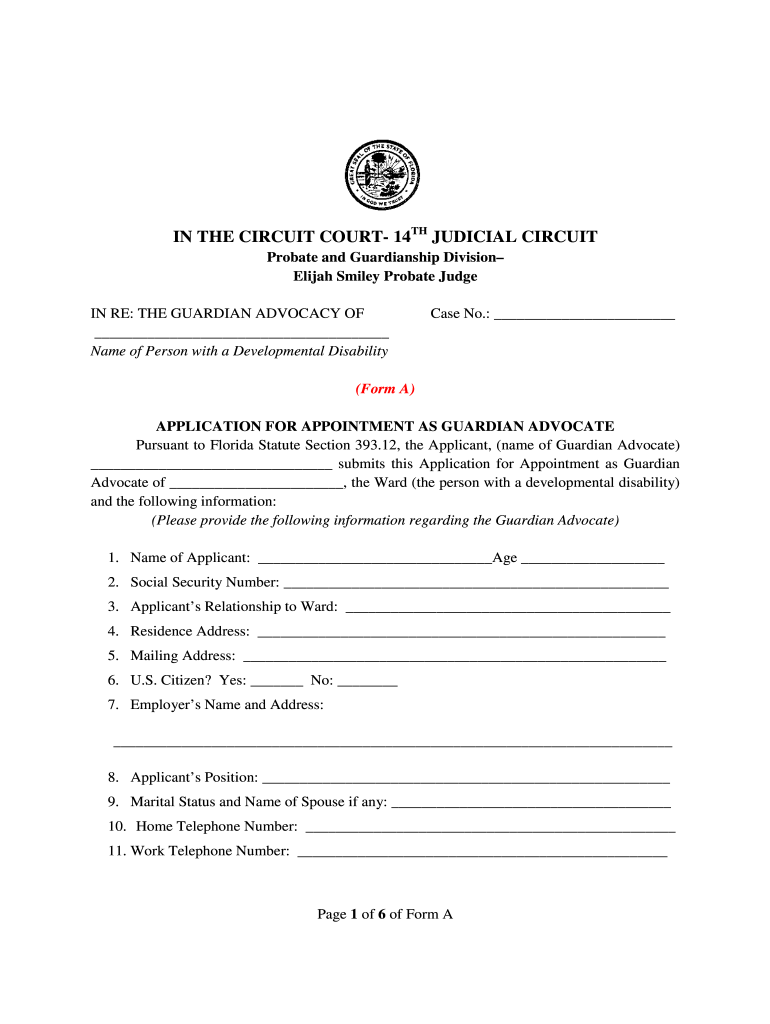 Application for Appointment as Guardian Advocate Section 39312 Form