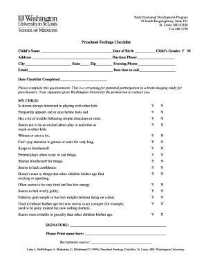  Preschool Feelings Checklist 2010