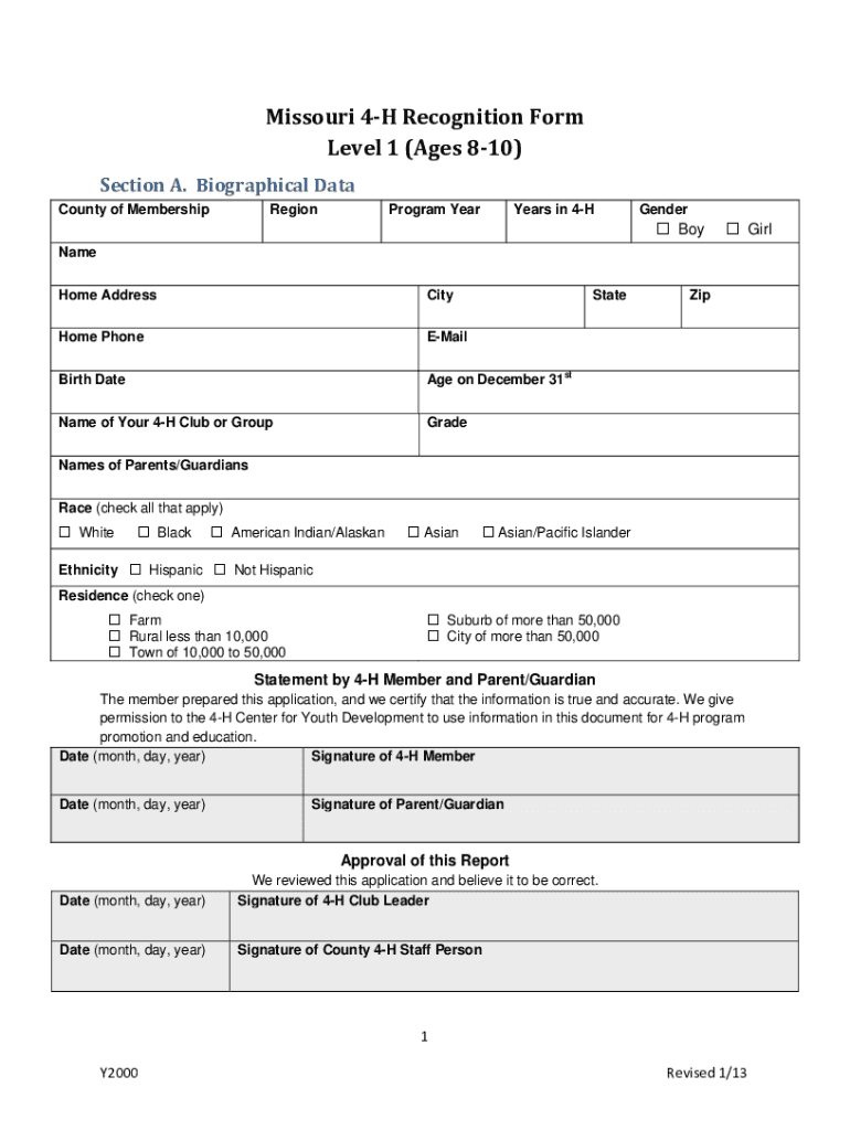 Missouri 4 H Recognition Form