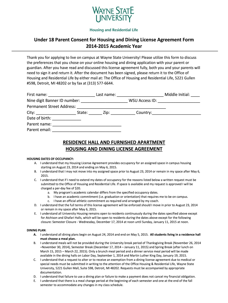  under 18 Consent Form  Housing  Wayne State University  Housing Wayne 2014-2024