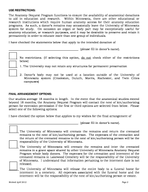 BEQUEST to the UNIVERSITY of MINNESOTA Anatomy Bequest Umn  Form