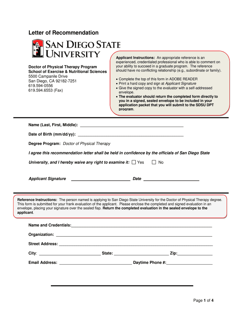 Sdsu Letter Recommendation  Form