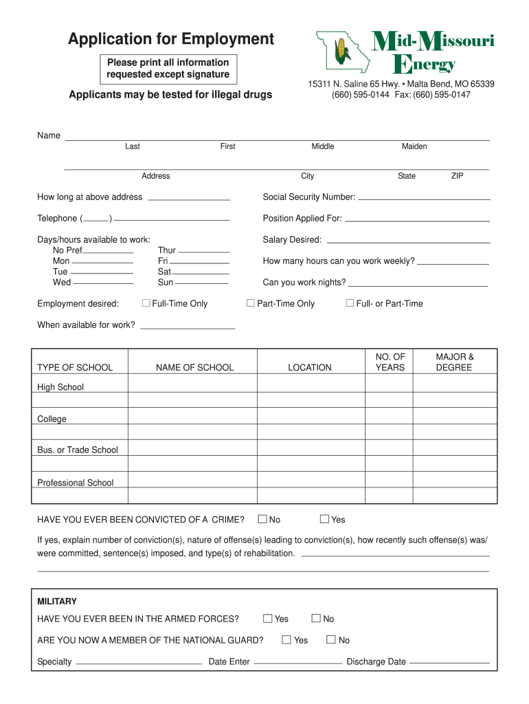 Application for Employment Mid Missouri Energy  Form