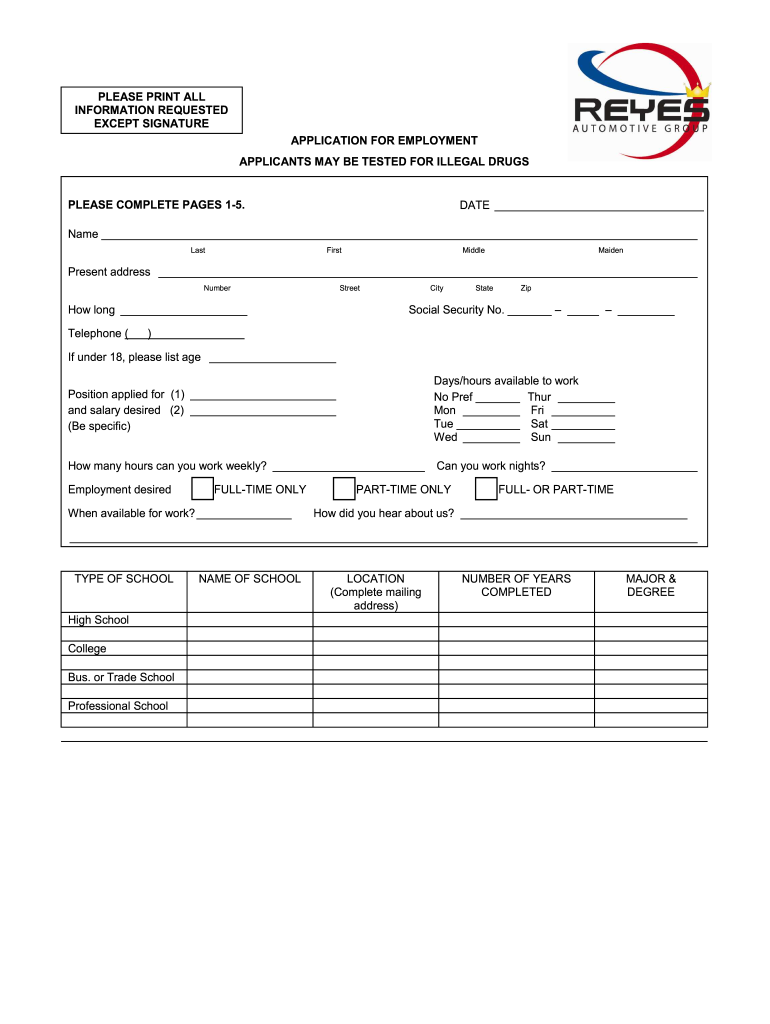 Automotive Shop Employee Application  Form