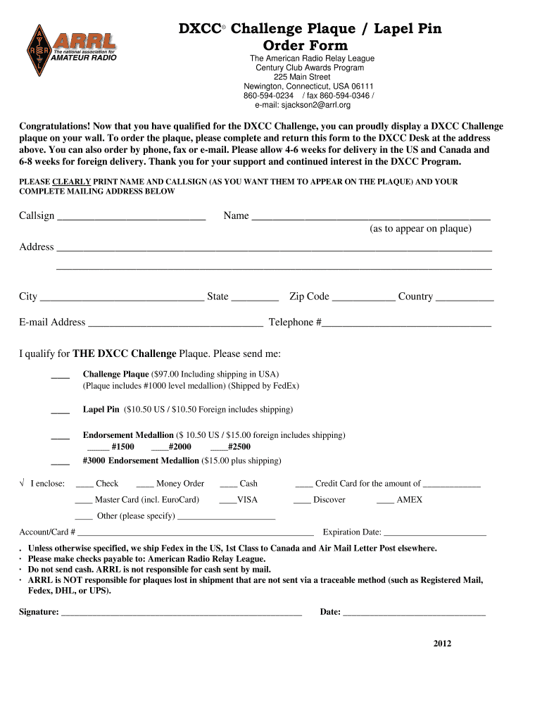 Dxcc Challenge Pins  Form