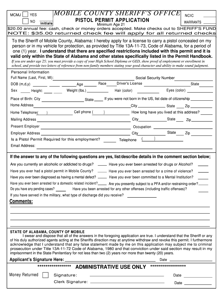 Mobile County Gun Permit  Form