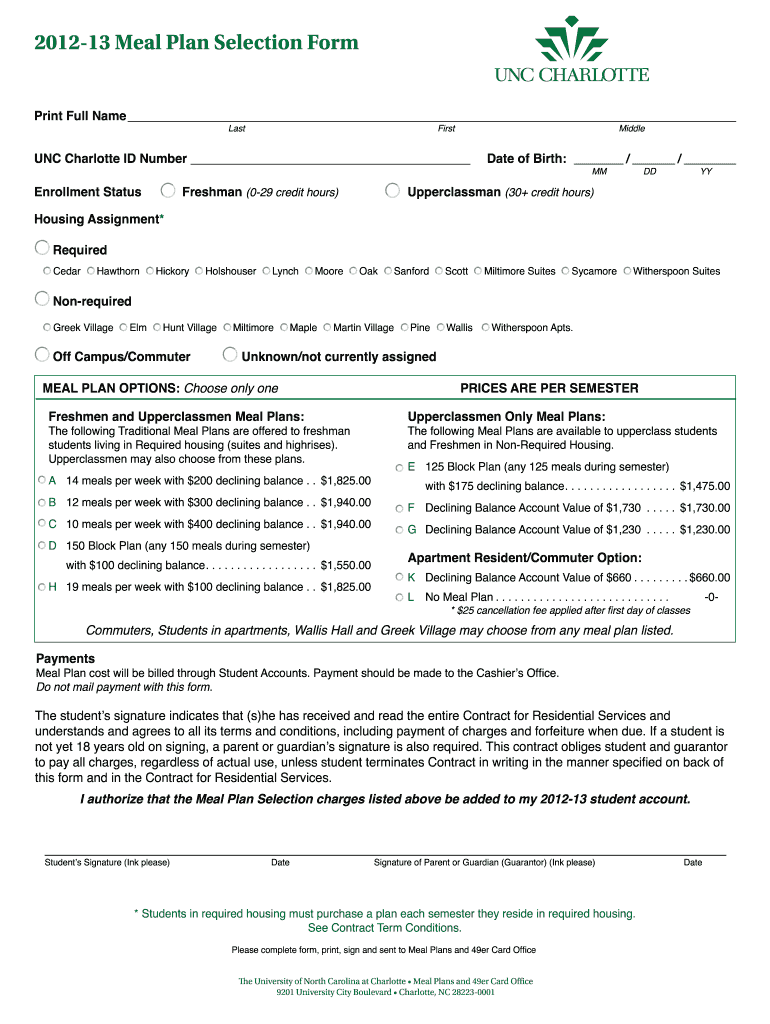  13 Meal Plan Selection Form  Auxiliary Services at UNC    Aux Uncc 2012-2024