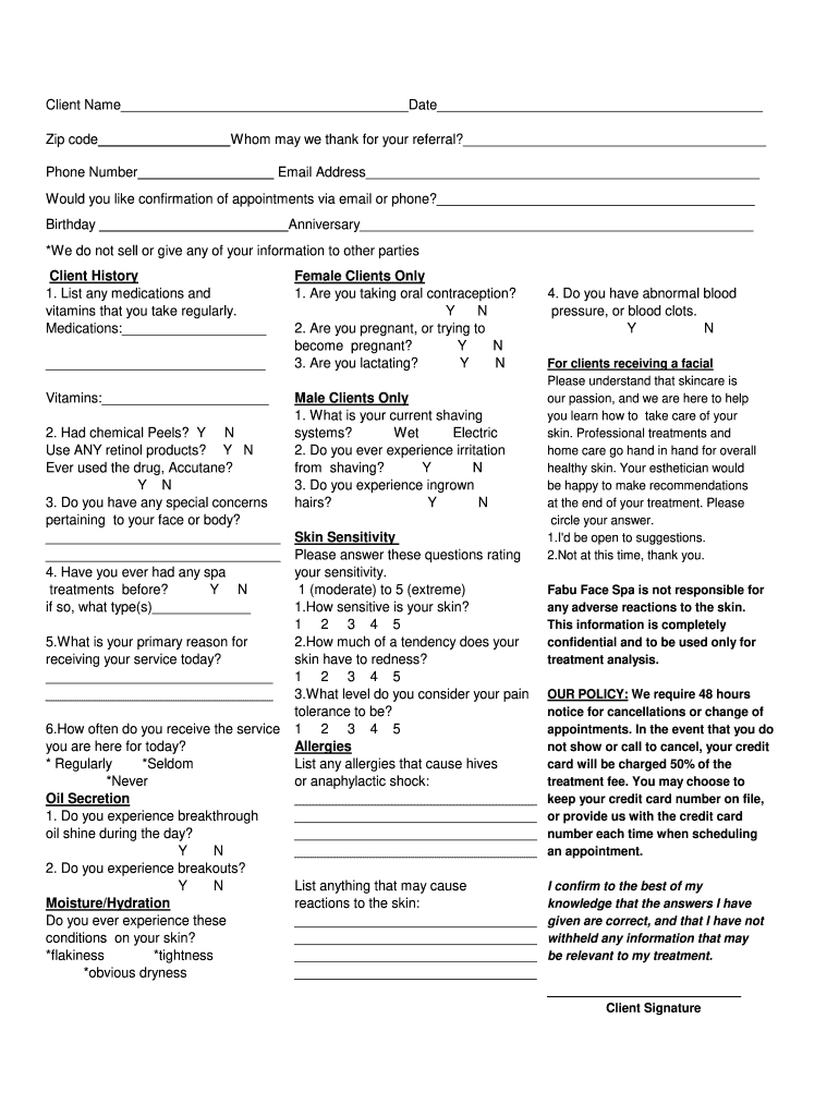 Download Fillable Form for Spa Clients