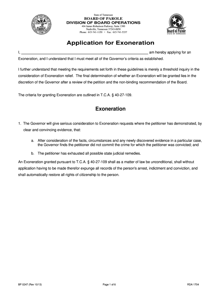 Application for Exoneration  TN Gov  Tn  Form