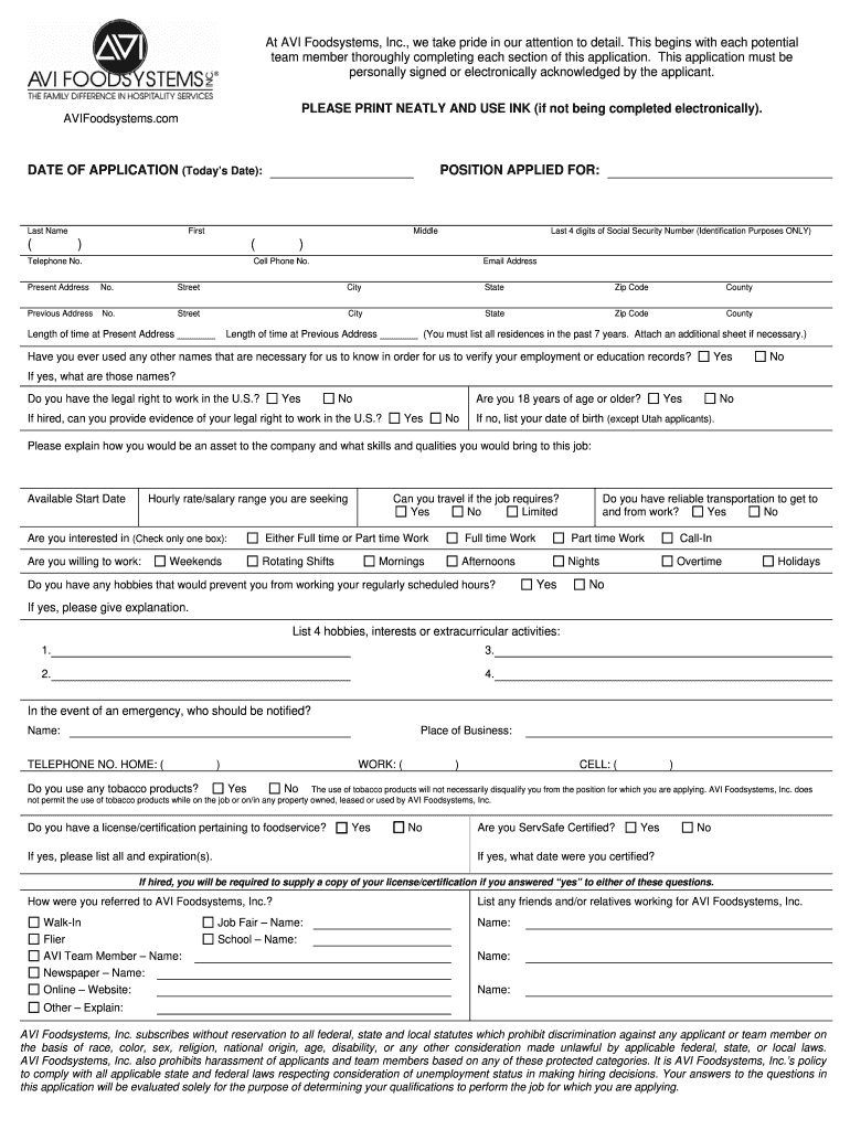  Avi Food Systems Inc Aply Form 2013