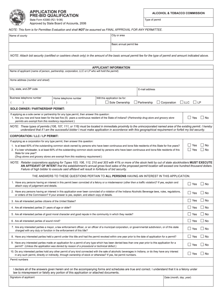  APPLICATION for PRE BID QUALIFICATION  State of Indiana  in 2006-2024