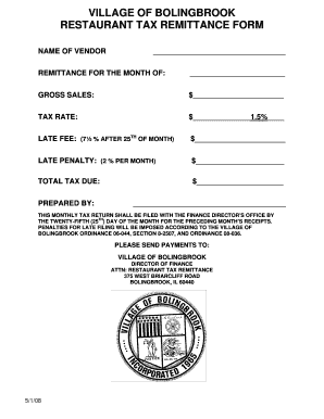 Bolingbrook Restaurant Tax Form