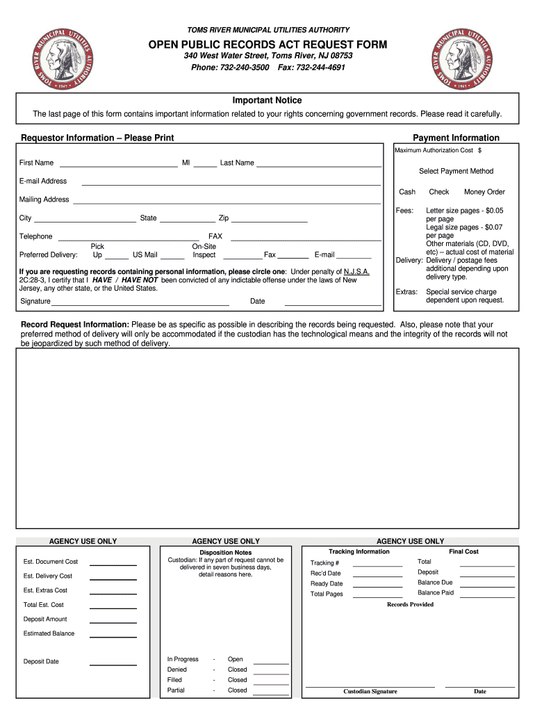 Toms River Opra Request  Form