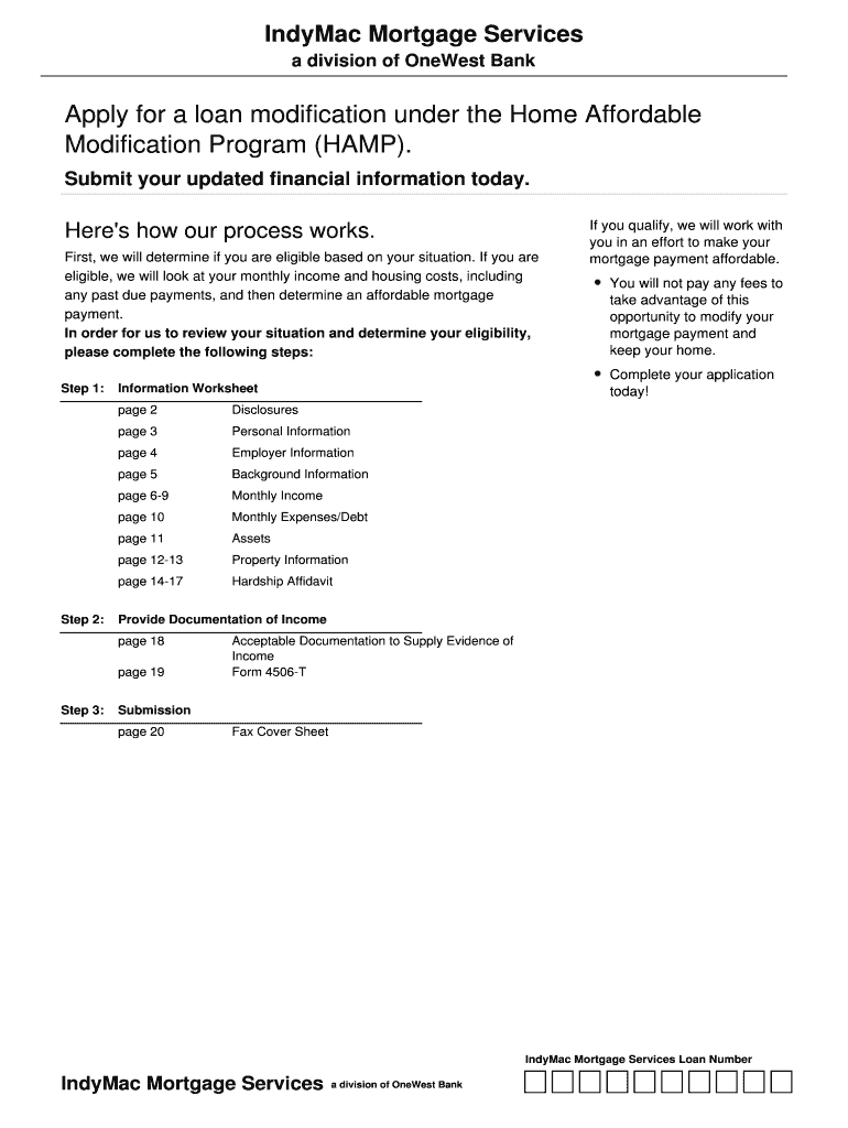 Indymac Loan Modification Fillable Application PDF Form