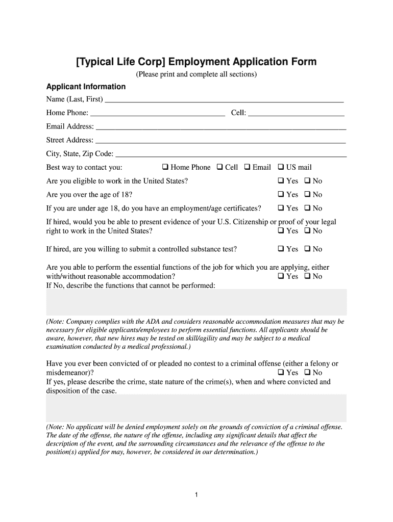 Employment Application Form  Typical Life Corporation